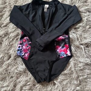 Black Floral Long Sleeve Swimsuit